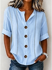  Women's Shirt Blouse Patchwork Buttons Print Striped Elegant Bohemia Short Sleeve V Neck Regular Tops Casual Light Blue White Pink Apricot Summer Spring