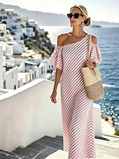  Damskie Sukienka maxi Sukienka letnia Sukienka ołówkowa Sukienka z odkrytymi ramionami Urlop Impreza Codzienny Plaża Impreza Ślub Luźna Naszywka Krótki rękaw zimne ramię Czarny Migdałowy Rumiany róż