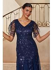  Women's Mermaid Trumpet Cocktail Dress Wedding Guest Dress Ankle Length V Neck Short Sleeve Petal Sleeve High Waist Vintage 1980s Mother Of The Bride Party with Mesh Lace Glitter Flared Tulle Hem