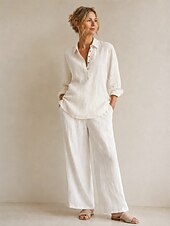 economico Collezione di Lino Premium-Camicetta da donna 100% lino europeo a maniche lunghe, scollo a V, colletto, tinta unita, elegante casual, blu, bianco, giallo