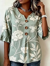 cheap Floral Blouses-Women's Blouse Buttons Print Floral Graphic Vintage Stylish 3/4 Length Sleeve Crew Neck Regular Tops Casual Daily Going out Blue Green Summer Spring