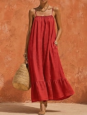  Per donna Abito maxi Abiti di lino Abito Boho Vintage Vacanza Vestibilità comoda Semplice Senza Maniche Spalline sottili Corallo Nero Estate
