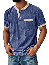 billiga Casual Henley T-shirt-Herr Henleytröja Tvätta skjorta i 100 % bomull T-shirt T-shirt Kortärmad Enfärgat Retro / vintage Ledigt Vintagestil Färgblock Tvättad Henley Ledigt Vår &amp; sommar Sommar Vår Blå Svart Marinblå Henley