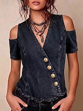  Blusa feminina estilo jeans patchwork, cor lisa, vintage, estilo western, manga curta, decote em V, modelo regular, ideal para o dia a dia, para sair, nas cores azul, preta e azul claro, perfeita para