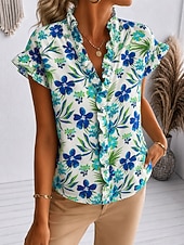  Mujer Camisa Sayo Volante Floral Graphic Elegante Moda Diario Manga Corta Escote en Pico Tops regulares Casual Diario Azul Piscina Blanco Verde Trébol Verano Primavera