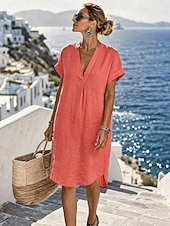 cheap Dresses-Women's Knee Length Dress Linen Dresses Vintage Daily Slim Plain Short Sleeve V Neck Khaki Red Orange Summer