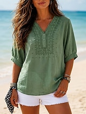  Per donna Camicia Tessuto Ricamato Bottoni Vintage Manica 3/4 Bianco Nero Verde Caffè Estate Primavera