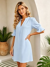 cheap Plain Dress-Women's Mini Dress A Line Dress Summer Dress Casual Regular Fit Plain Half Sleeve V Neck Blue Summer Spring
