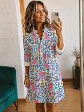  Mujer Vestido hasta la Rodilla Vestido de cambio Vestido informal Elegante Vacaciones Playa Festivos Ajuste regular Graphic Cachemir Manga Larga Escote en Pico Azul Piscina Blanco Naranja Verano