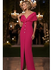 abordables Vestidos de noche ajustados-Funda Columna Hasta el Suelo Vestido formal Vestido de noche Vestidos de noche Elegante Estilo de Celebridad Manga Corta Hombros Caídos Fiesta de Noche Boda con Botones Abertura Chal