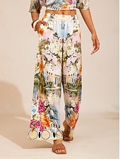 abordables Pantalons-pantalon large en satin à motif floral pastel
