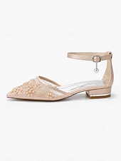 cheap Mother of Bride/Groom-Women's Simple and Elegant White Lace Flat Wedding Shoes for Mother of the Bride with Pearl Drop Charm Ankle Strap