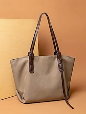 cheap Handbag &amp; Totes-Women's Minimalist Large Tote Bag, Oxford Fabric and Faux Leather Patchwork Shoulder Purse, Casual Big Capacity Work Commuter Handbag for Everyday, Black Khaki Colors