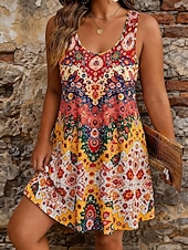 cheap Boho Dress-Women's Knee Length Dress A Line Dress Vacation Casual Beach Holiday Regular Fit Graphic Geometric Sleeveless U Neck Blue Purple Orange Summer Spring