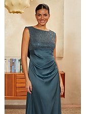 cheap Edición pulida-Women's A-Line Cocktail Dress Wedding Guest Dress Ankle Length Boat Neck Sleeveless Empire Waist Elegant Vintage Mother Of The Bride Semi Formal with Satin Sequin Lace Glitter Ruched Stretchy Ink Blue