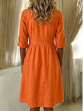 preiswerte Kleider-Damen Knielanges Kleid Baumwoll-Leinen-Kleider Hemdblusenkleid Elegant Urlaub Klassisch Täglich Büro Urlaub Normale Passform Einfach Langarm V Ausschnitt Rote Marineblau Orange Sommer Frühling