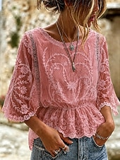  Women's Shirt Lace Shirt Blouse Lace Embroidered Solid Color Floral Graphic Elegant Stylish Casual Half Sleeve Batwing Sleeve Crew Neck Regular Tops Casual Daily Holiday Blue Khaki White Pink Grey