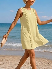 cheap Plain Dress-Women's Knee Length Dress Linen-feel Dresses Shift Dress Vacation Daily Loose Fit Pure Color Sleeveless Crew Neck Blue Coffee brown yellow-green Black Summer