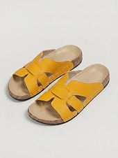 cheap Slide Sandals-Women's Yellow Cutout Comfort Footbed Slides – Wide Fit Box Open Toe Slide Sandals with Cushioned Insole &amp; Lightweight Non-Slip Outsole for Travel, Casual Wear and Everyday Comfort