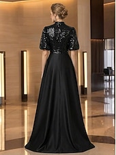 cheap A-Line Evening Dresses-A-Line Sweep Brush Train Evening Gown Elegant Glittering Sparkle Short Sleeve High Neck Wedding Formal Pocket Satin with Pleats Sequin