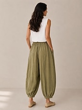 baratos Coleção de Linho Premium-Calça lanterna feminina de linho orgânico com cintura elástica e bolsos.