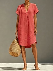  Femmes Robe Longueur Genou Robes en lin ancien Quotidien Mince Uni Manche Courte Col en V Kaki Rouge Orange Été