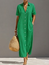  Damen Knielanges Kleid Baumwoll-Leinen-Kleider Vintage Täglich Urlaub Normale Passform Einfach Kurzarm Hemdkragen Weiß Orange Grün Sommer