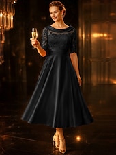 baratos Comprimento do chá-Linha A Longuette Vestido de festa Vestido Coquetel Vestido de convidada de casamento Vestido Para Mãe dos Noivos Meia Manga Scoop pescoço Elegante Vintage Convidado do casamento Cetim Renda com