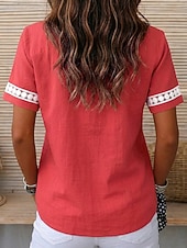  Damen Baumwoll-Leinen-Hemden Textur Kontrastspitze Spitze Vintage Kurzarm V Ausschnitt Normale Oberteile Lässig Koralle Rot Denim Blue Weiß Sommer Frühling