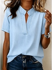  Camisa de mujer estilo denim, algodón lavado, estilo boho, encaje, patchwork, denim, color liso, estilo vintage western, casual, manga corta, cuello cuadrado, tops regulares, casual, diario,