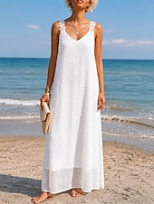  Dames Maxi-jurk Kanten jurk Vakantie Strand Ruim Passend Heldere kleur Mouwloos V-hals Wit Zomer