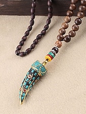 abordables Joyas para hombres-Collar con colgante de cuerno en forma de media luna de estilo bohemio para hombre, cadena larga de cuentas de madera, aleación étnica tribal. &amp;Collar llamativo de cuentas de madera, joyería vintage