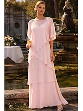 economico Lunghezza del pavimento-Linea ad A Lunghezza al pavimento Abito da invitata a nozze Abito Formale Abito a Strati Abito da cerimonia per signora Mezza Manica Girocollo Elegante Formale Ospite di nozze Chiffon con Volant