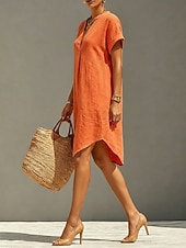  Femmes Robe Longueur Genou Robes en lin ancien Quotidien Mince Uni Manche Courte Col en V Kaki Rouge Orange Été