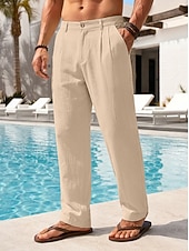 cheap Holiday-Men's Cotton Linen Pants Trousers Summer Pants Baggy Pants Beach Pants Pleated Pocket Solid Color Comfort Breathable Full Length Casual Daily Outdoor Vacation Fashion Loose Fit Blue White Inelastic