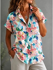 cheap Floral Blouses-Women's Shirt Buttons Print Floral Graphic Daily Stylish Casual Short Sleeve Shirt Collar Long Tops Casual Daily Blue Yellow Pink Summer Spring