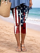  American Independence Day Women's Leggings Vacation Vintage Fashion Capris High WaistPants Graphic Flag Printing Print Comfort Soft Breathable Stretchy Casual Daily Office Pink and Blue White / Red