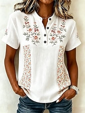 abordables Blusas Florales-Mujer Camisa Botones Estampado Floral Graphic Vintage Elegante Manga Corta Escote en Pico Tops regulares Casual Diario Festivos Blanco Amarillo Rosa Verano Primavera
