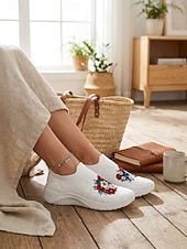  Pantofi sport fără mâneci pentru femei, albi, cu imprimeu floral – pantofi sport respirabili, confortabili, tricotați, cu absorbție ușoară a șocurilor și suport pe tot parcursul zilei, pentru