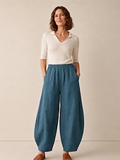 abordables Colección de Lino Premium-Pantalones bombachos de lino para mujer, cintura media, largo completo, bolsillo, cintura elástica, vacaciones, azul arroz