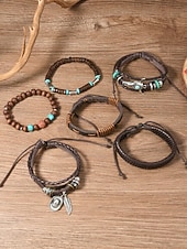 abordables Joyas para hombres-Conjunto de 6 pulseras boho de capas para hombre, con cuentas de madera. &amp;Pulseras de aleación con dije de cabeza de toro y pluma, joyería de estilo occidental para uso casual, viajes, festivales,