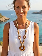 baratos Colar Feminino-Colar feminino boêmio com pingente de madeira, longo, com contas, estilo statement, com pingente de elefante, peixe e flores. Joia artesanal em madeira, ideal para férias, praia, festivais, viagens e
