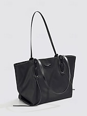 cheap Handbag &amp; Totes-Women's Minimalist Large Tote Bag, Oxford Fabric and Faux Leather Patchwork Shoulder Purse, Casual Big Capacity Work Commuter Handbag for Everyday, Black Khaki Colors