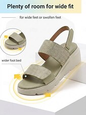 abordables Sandales Confort-Sandales compensées vertes à strass pour femme, avec soutien de la voûte plantaire – sandales à bride arrière confortables et scintillantes, dotées d'une semelle intérieure rembourrée et d'une semelle