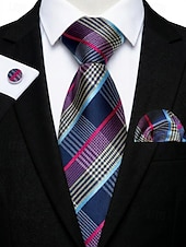 preiswerte Hochzeit ACC-Krawatten-, Einstecktuch- und Manschettenknopfset für Herren, mehrfarbig gemustertes Polyester-Krawattenset für Hochzeiten, Business-Anlässe, formelle Anlässe und Abendgarderobe