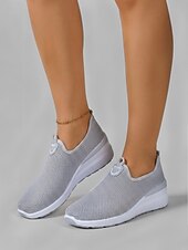 abordables Zapatillas de mujer-Zapatillas de mujer grises transpirables de malla, sin cordones, para caminar: zapatillas ligeras con cuña para viajar, pasear en verano y para uso casual.