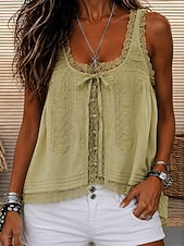 cheap Lace Tops-Women's Lace Splicing Top Cami Top Jacquard Tie Front Lace Trim Elegant Bohemia Active Sleeveless Crew Neck Square Neck Scoop Neck Long Tops Casual Red Dark Green Green Apricot Summer Spring Fall