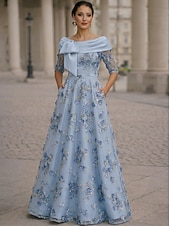 cheap A-Line Evening Dresses-A-Line Floor Length Evening Gown Formal Dress Elegant Floral Sleeveless High Neck Garden Party Wedding Satin Organza with Embroidered Flower Bow(s) Embroidery