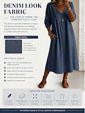  Vestido midi feminino com aparência de jeans, estilo camisa, elegante, para férias, vintage, para uso diário, ao ar livre, modelagem solta, liso, manga longa, decote em V, azul marinho, primavera