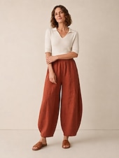 abordables Colección de Lino Premium-Pantalones bombachos de lino para mujer, cintura media, largo completo, bolsillo, cintura elástica, vacaciones, azul arroz